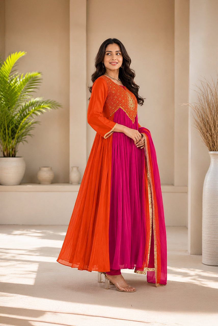 Orange & Fuchsia Embroidered Anarkali Suit Set with Dupatta