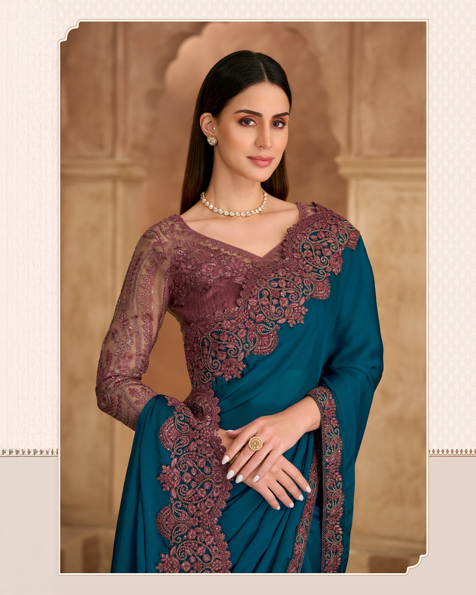 Zarmina Raaz – Teal Wine Regal Saree