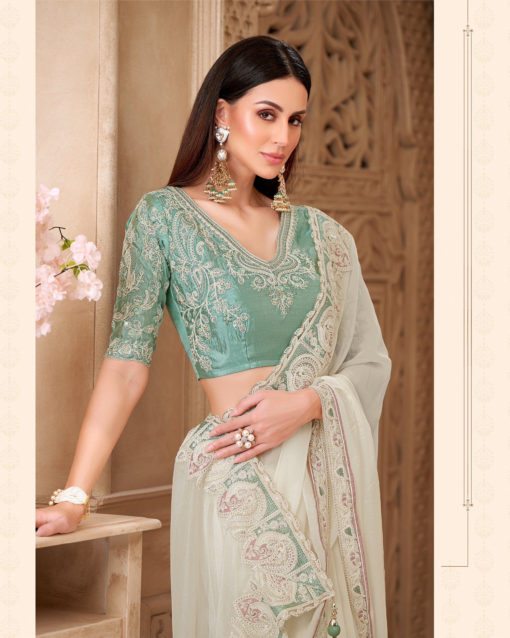Noor-e-Zehra – Ivory Mint Heritage Saree