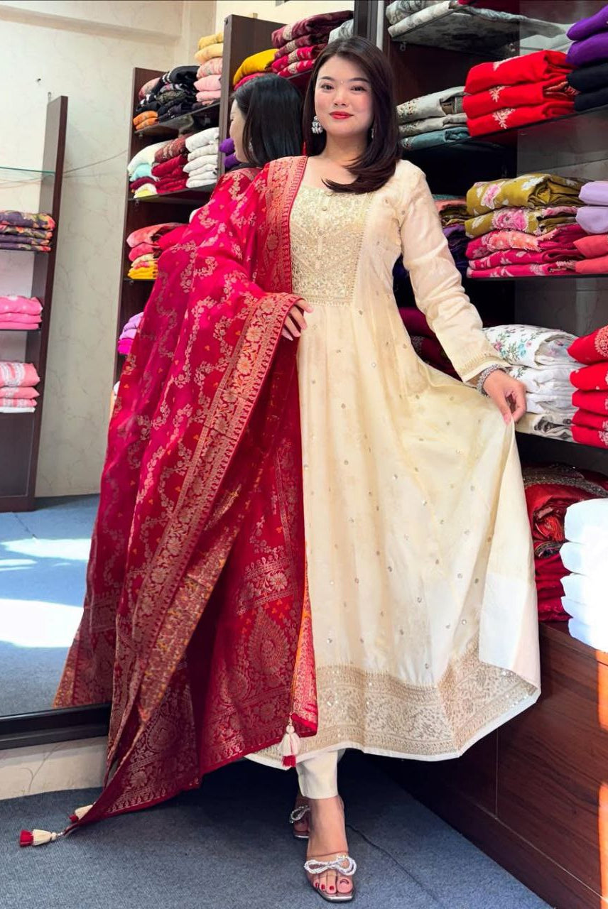 Anarkali Suit Set with Red Banarasi Dupatta