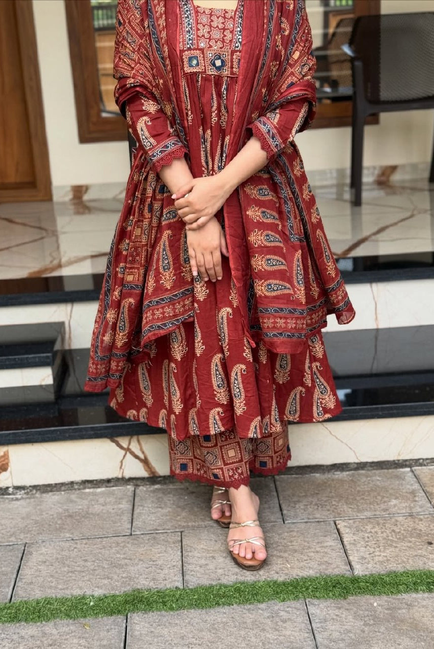 Maroon Paisley Printed Kurta Set with Dupatta