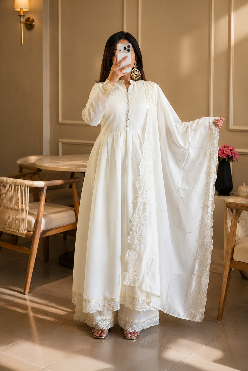White Embroidered Anarkali Suit Set with Dupatta