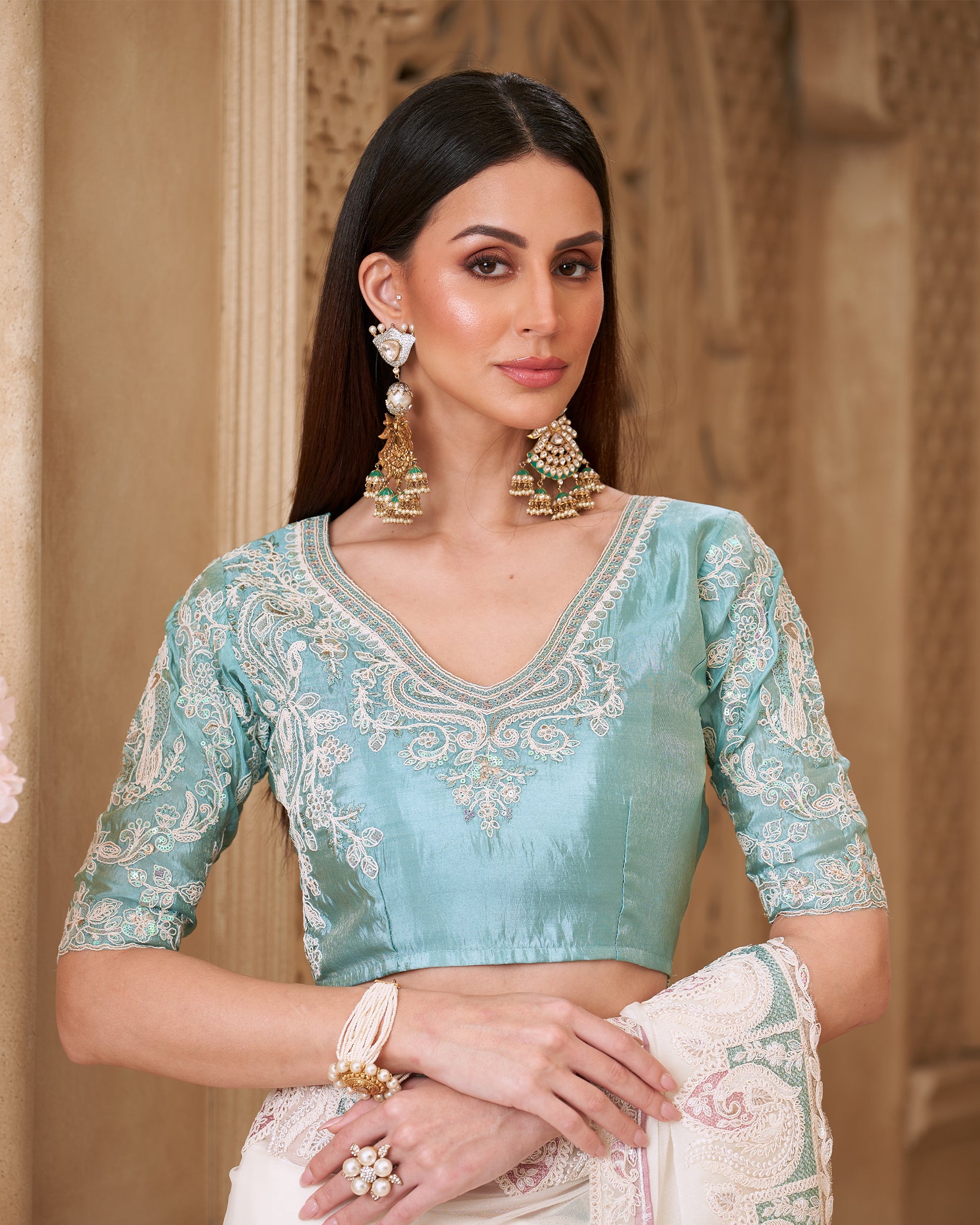 Noor-e-Zehra – Ivory Mint Heritage Saree