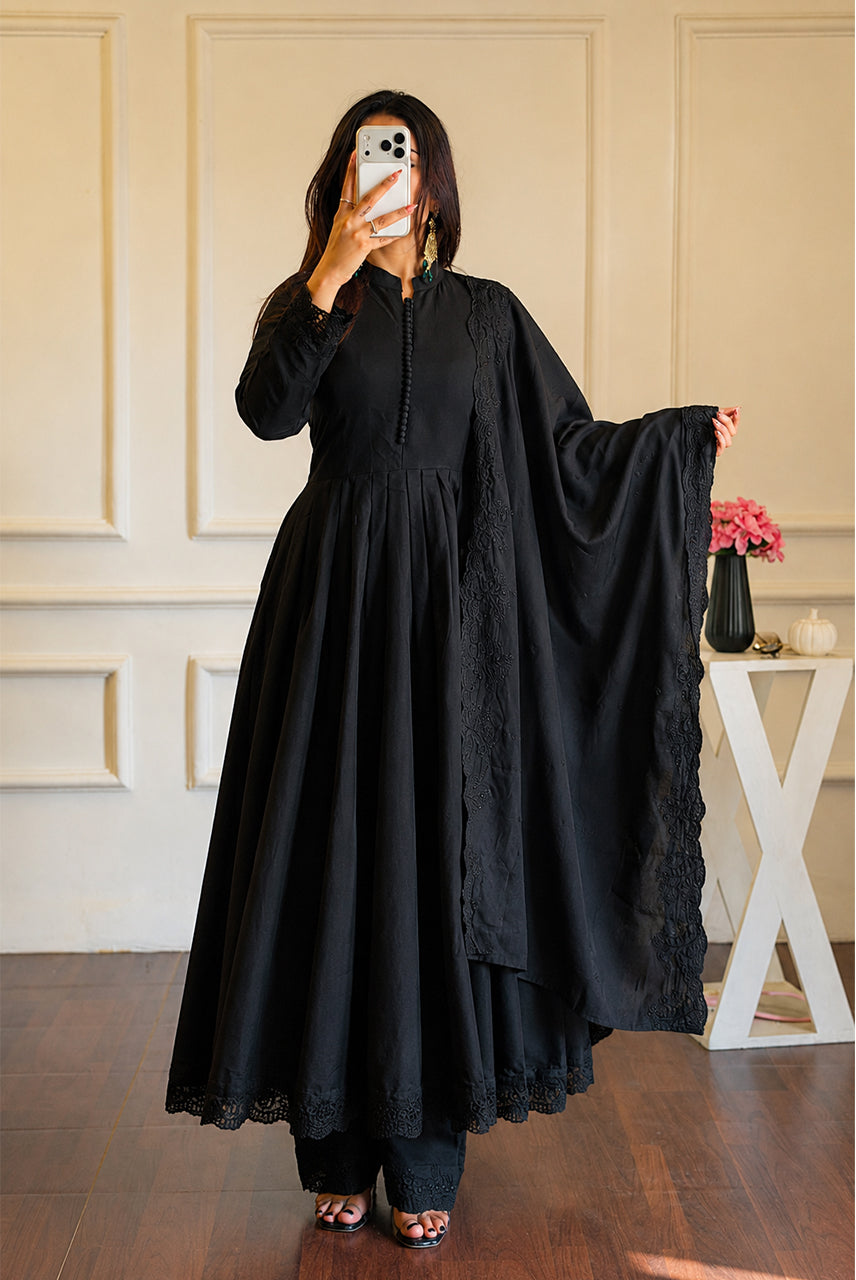 Black Embroidered Anarkali Suit Set with Dupatta