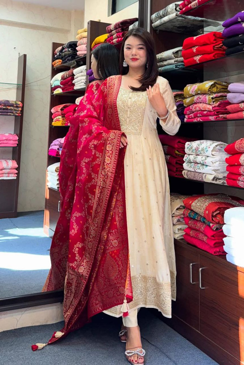 Anarkali Suit Set with Red Banarasi Dupatta