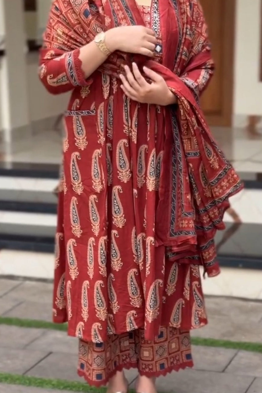 Maroon Paisley Printed Kurta Set with Dupatta
