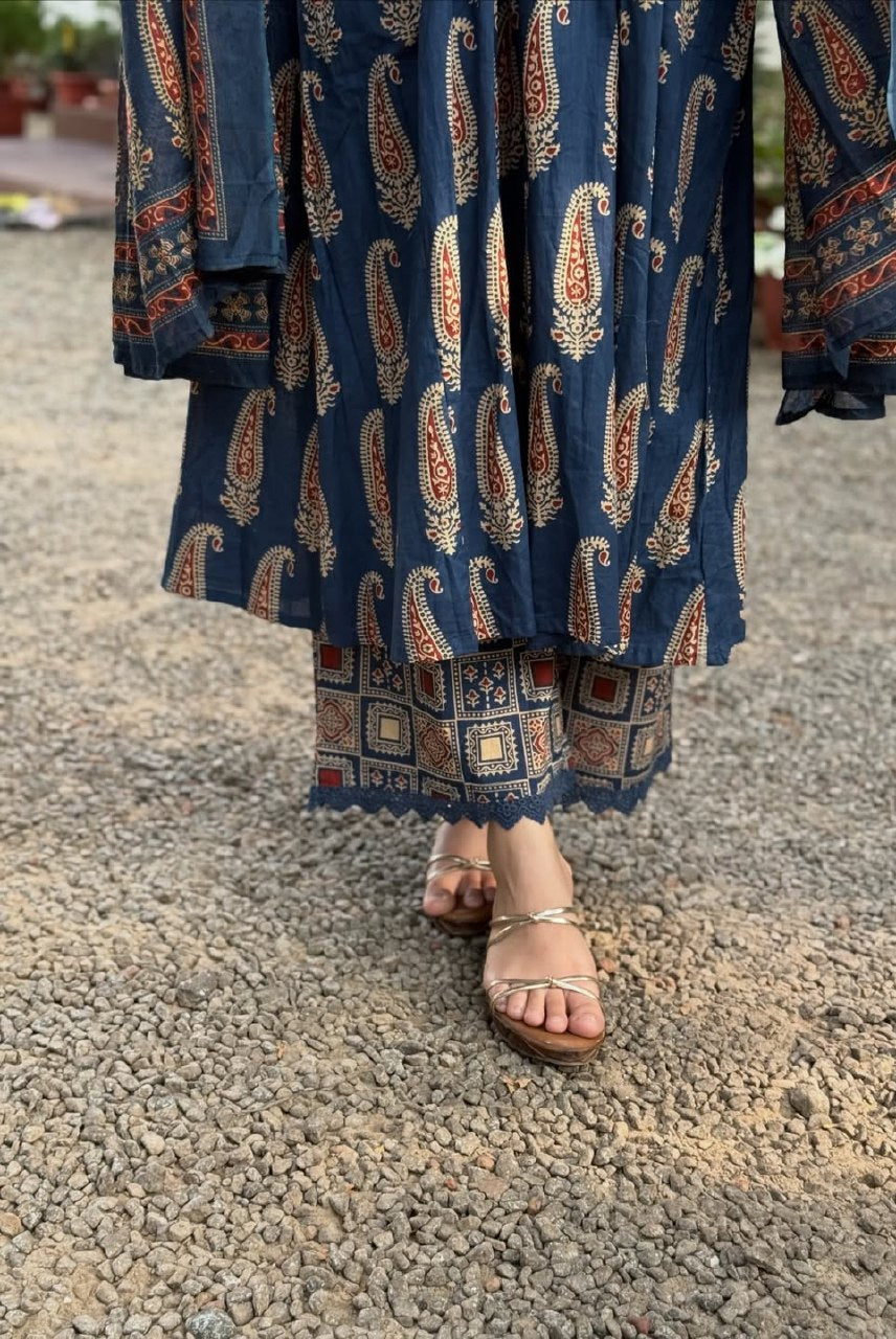 Indigo Paisley Printed Anarkali Set with Dupatta