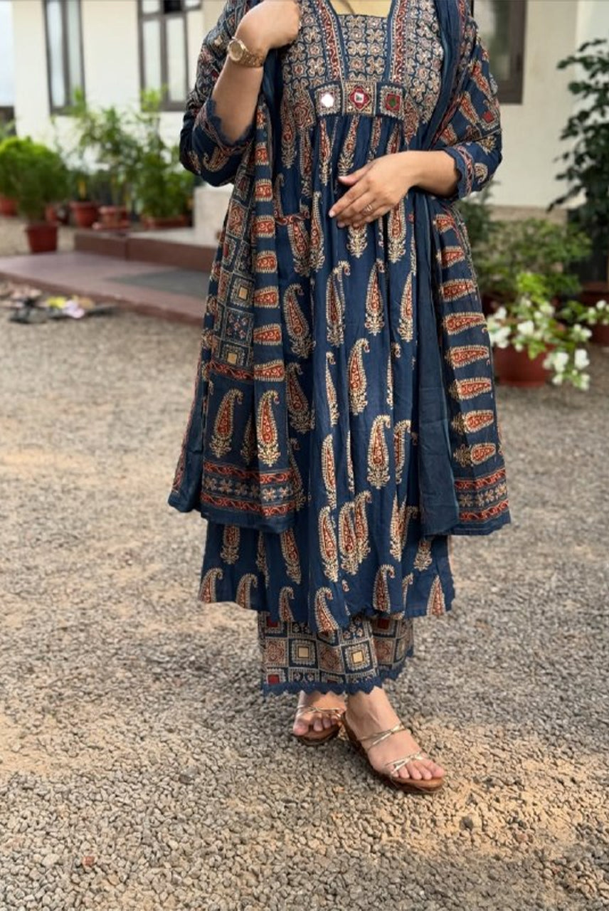 Indigo Paisley Printed Anarkali Set with Dupatta