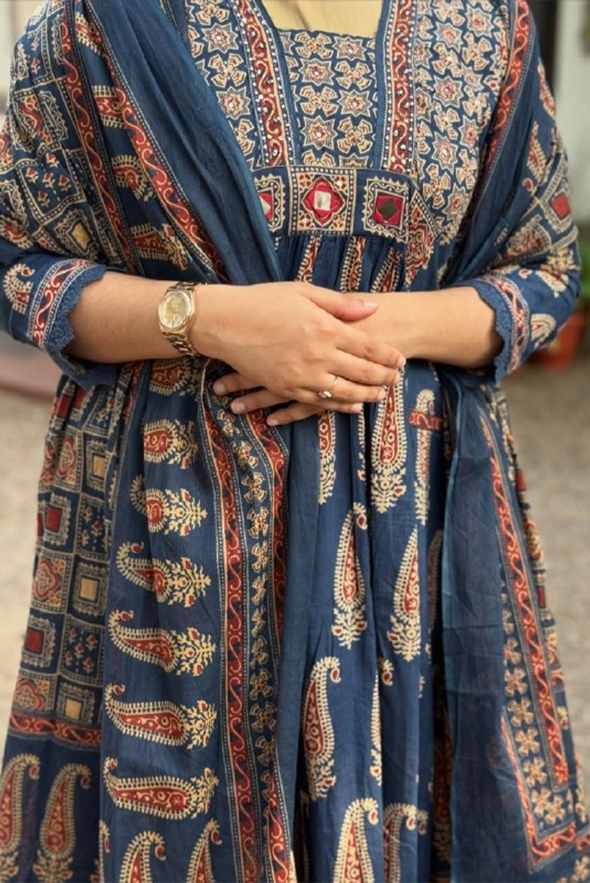 Indigo Paisley Printed Anarkali Set with Dupatta