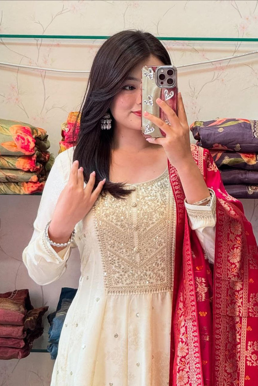 Anarkali Suit Set with Red Banarasi Dupatta