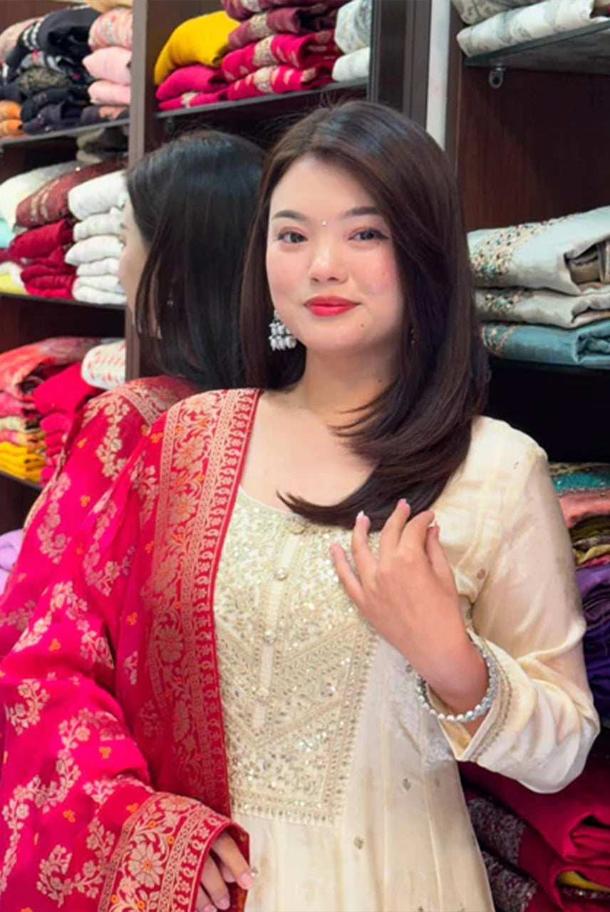 Anarkali Suit Set with Red Banarasi Dupatta