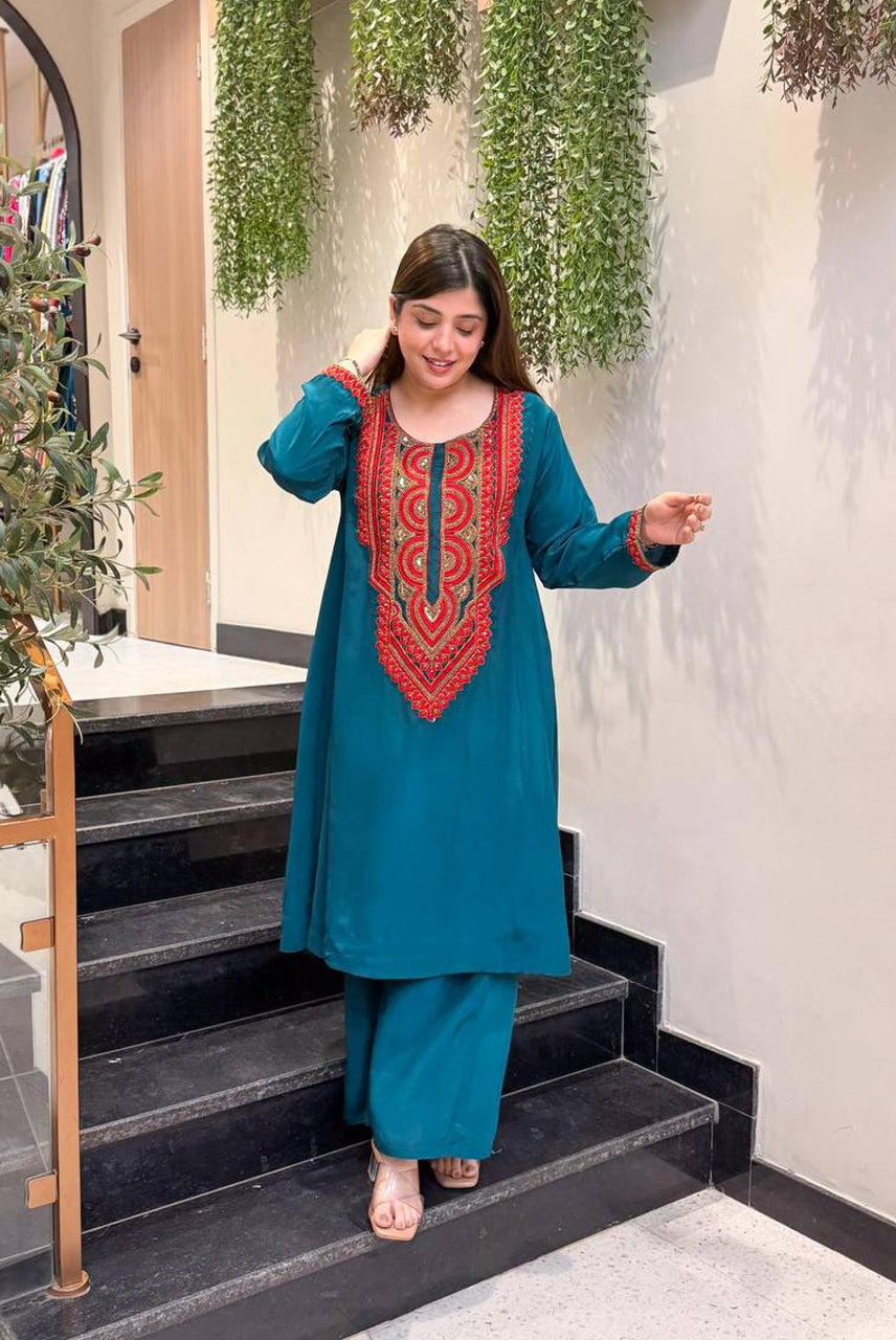 Teal Blue Embroidered Kurta Set with Palazzo