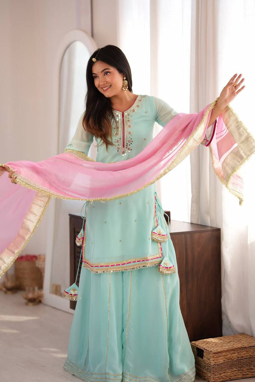Gulnaar Aqua Sharara Set with Pink Embellished Dupatta