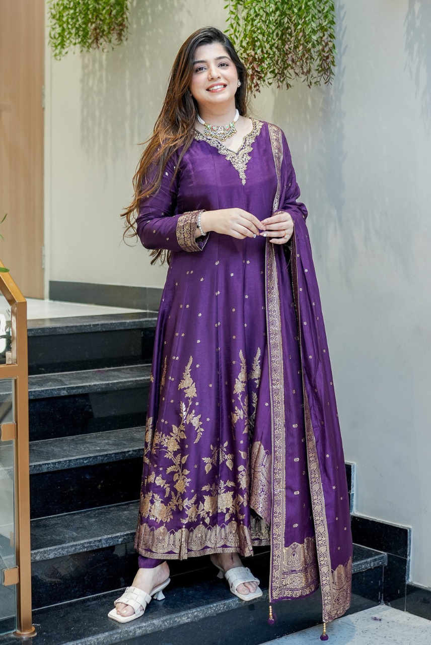 Shahi Noor Purple Zari Anarkali Set