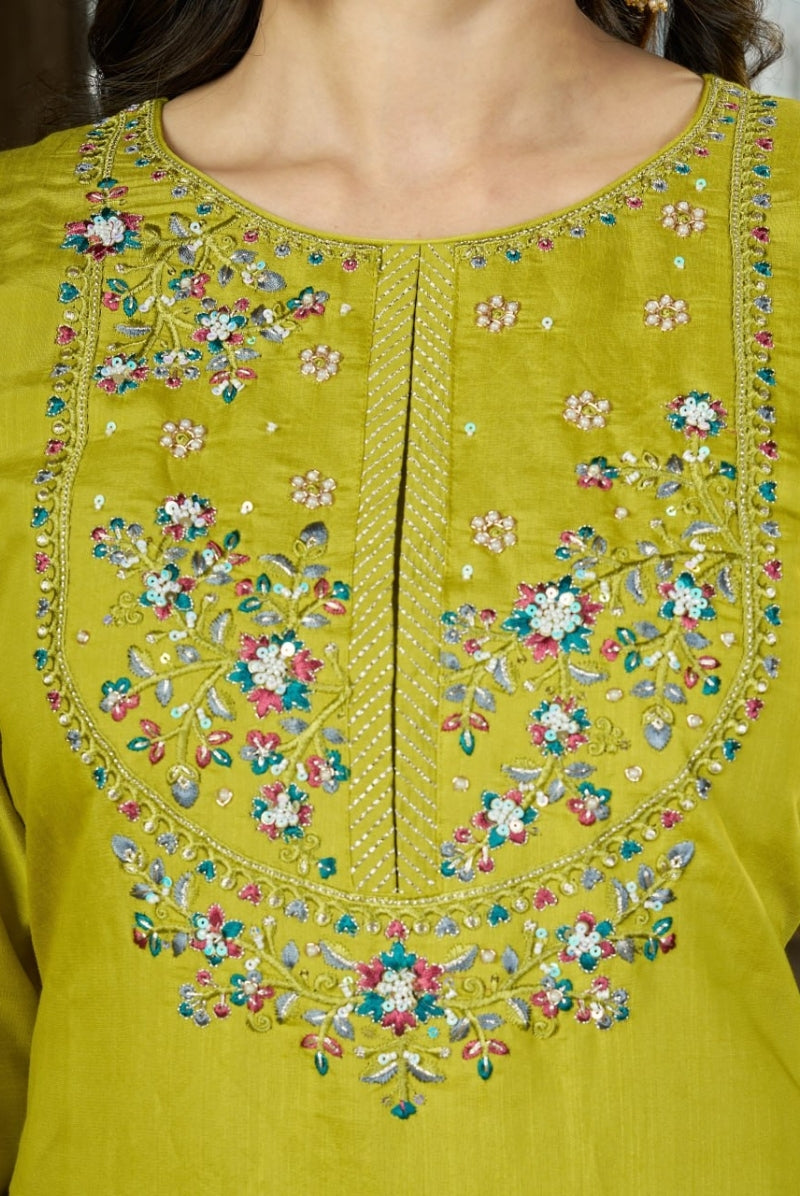 Lime Green Marina Silk Embroidered Suit Set with Dupatta