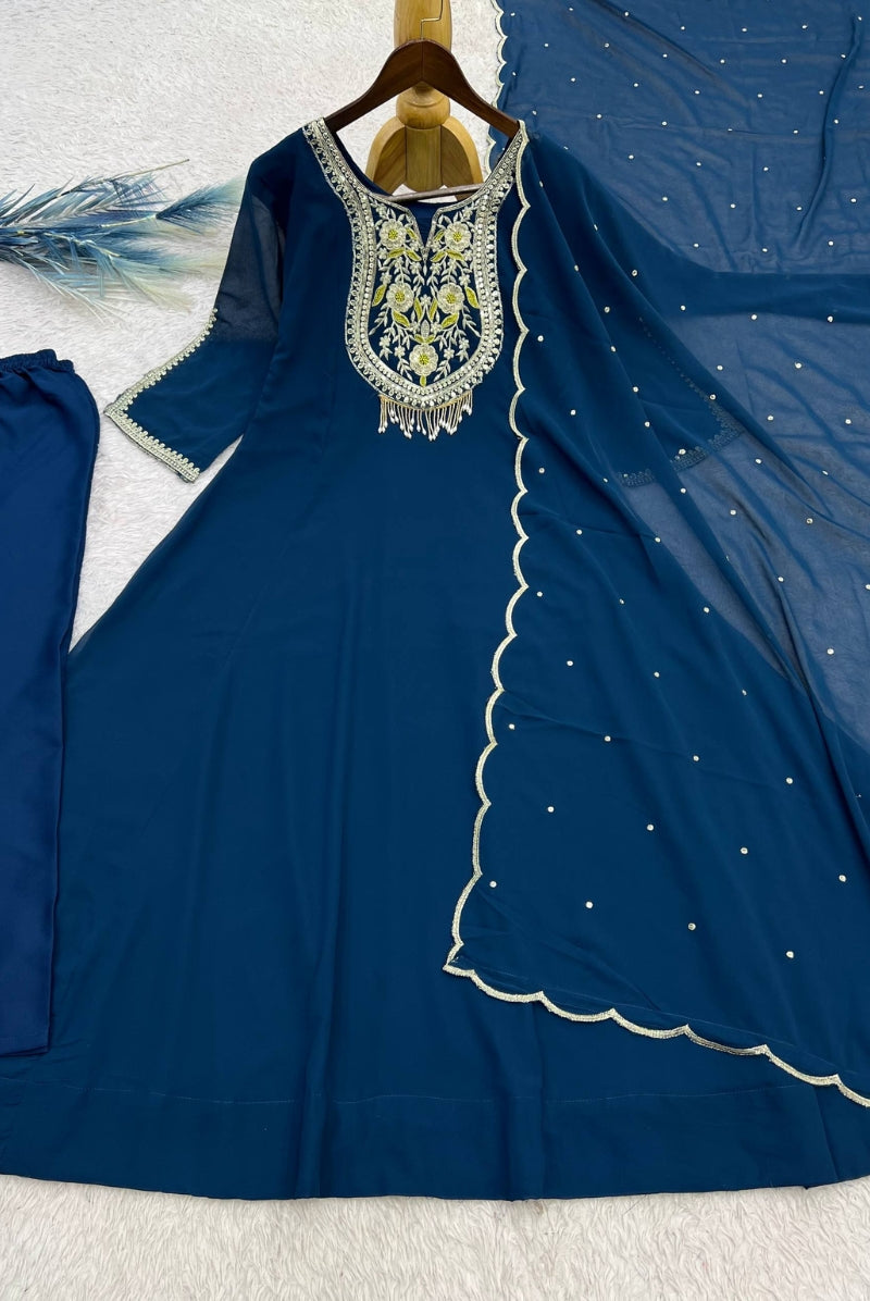 Midnight Blue Embroidered Faux Georgette Anarkali Suit Set with Dupatta