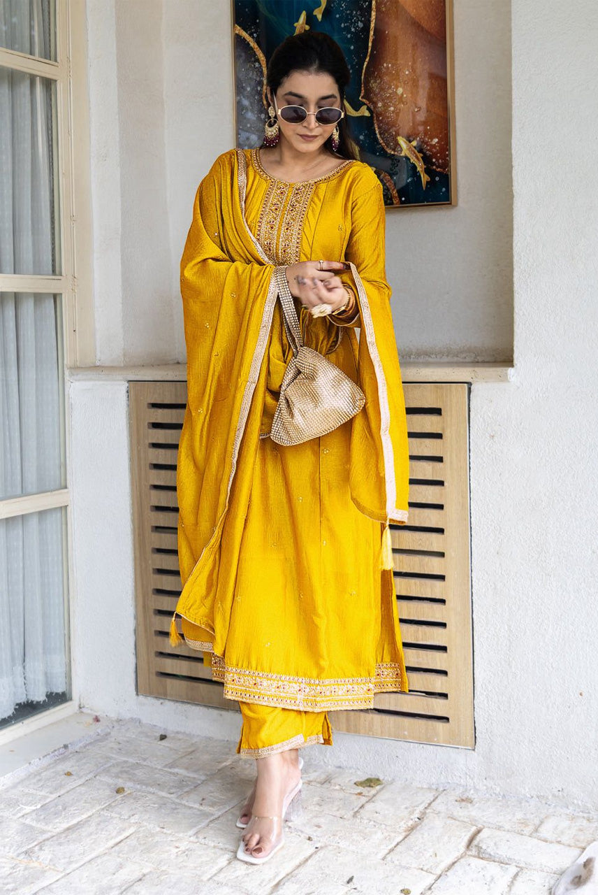 Mustard Yellow Embroidered Kurta Set with Dupatta