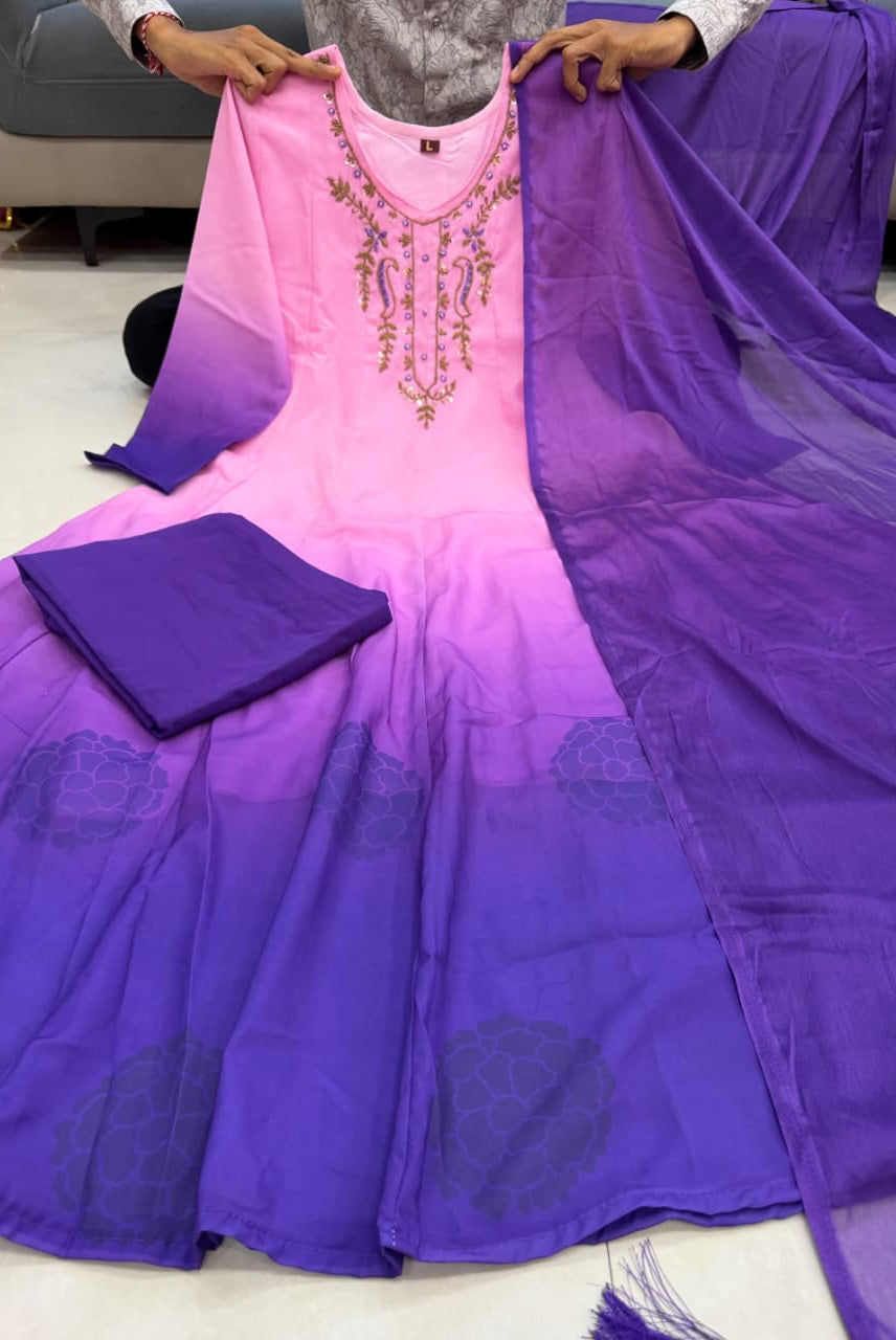 Pink Purple Ombre Embroidered Anarkali Kurta Set with Dupatta