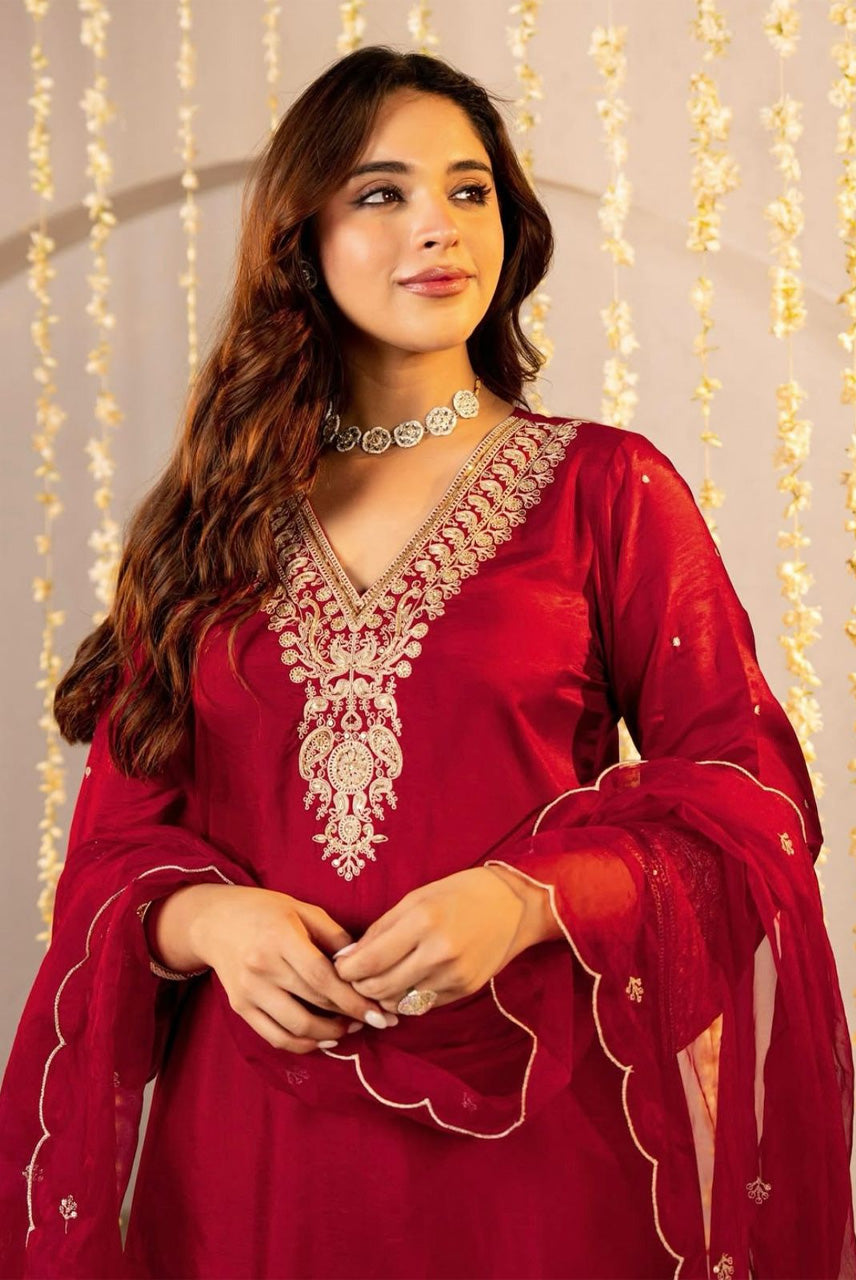 Ruby Red Embroidered Straight Kurta Set with Organza Dupatta