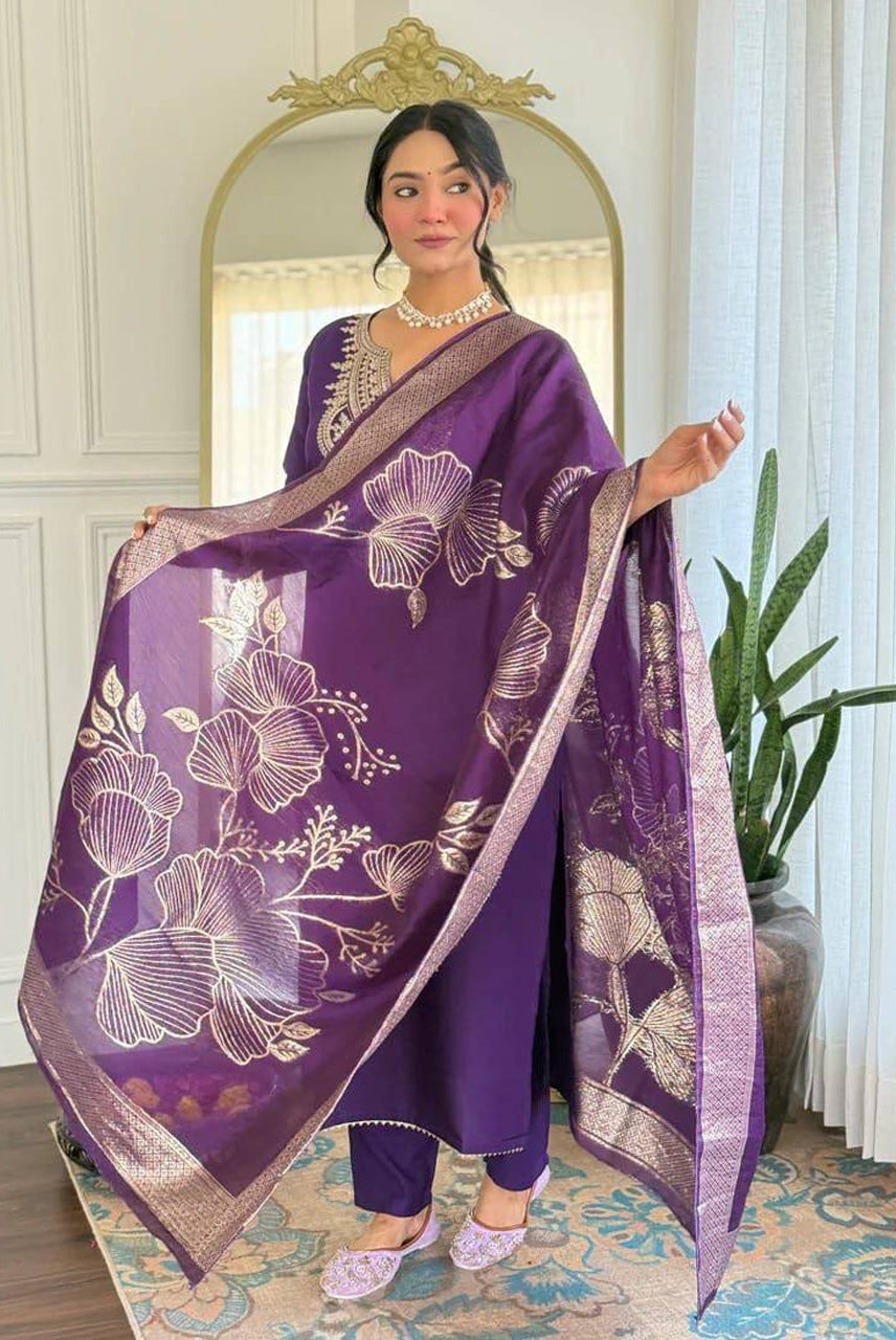 Royal Purple Embroidered Kurta Pant Set with Floral Printed Dupatta