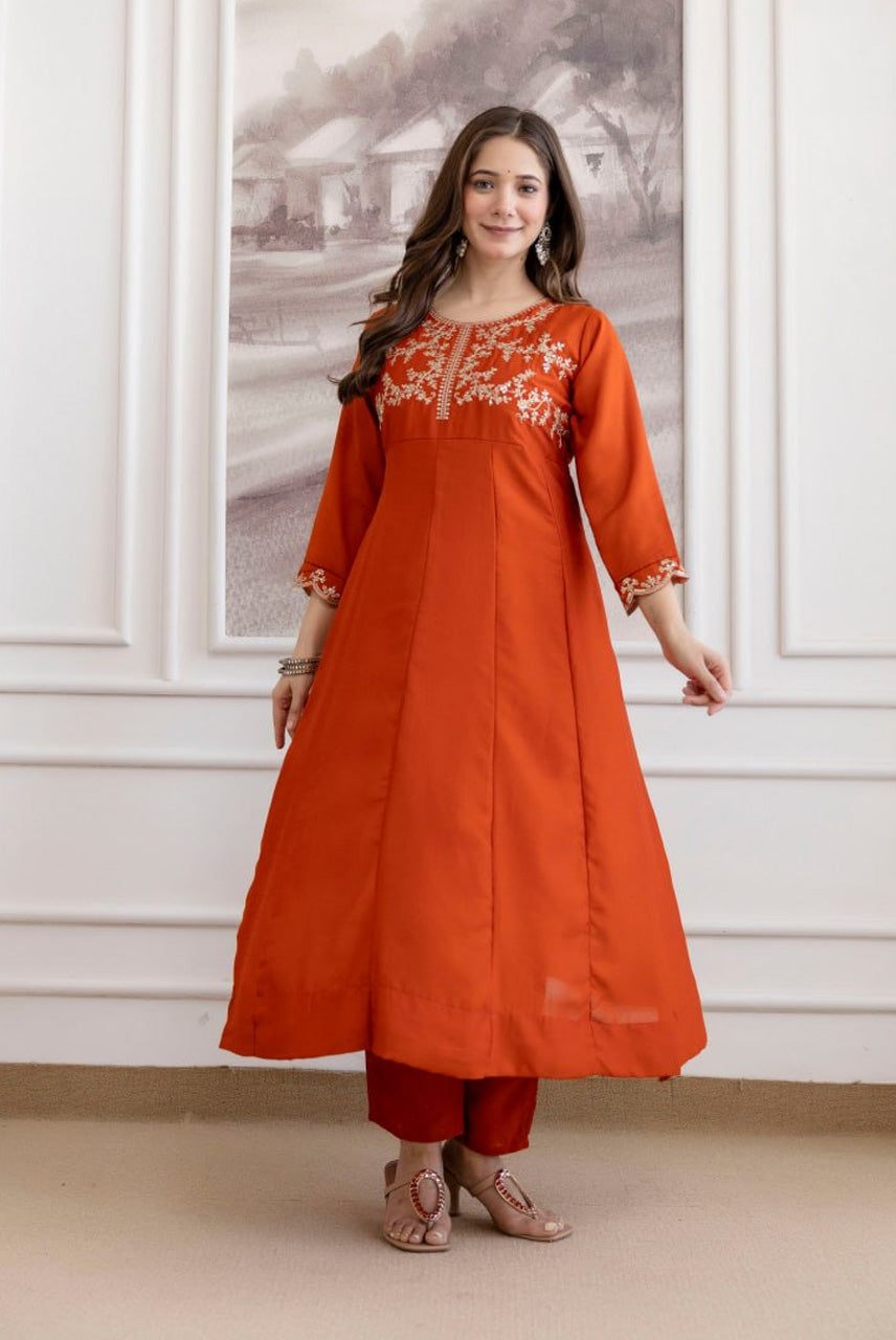 Rust Orange Embroidered A-Line Kurta Set with Dupatta