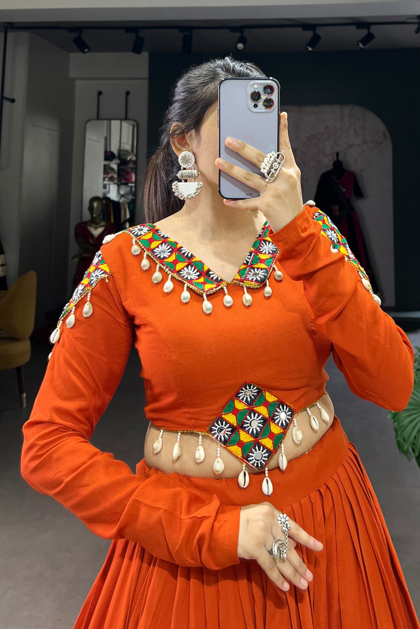 Orange & White Navratri Crop Top with Flared Lehenga Skirt