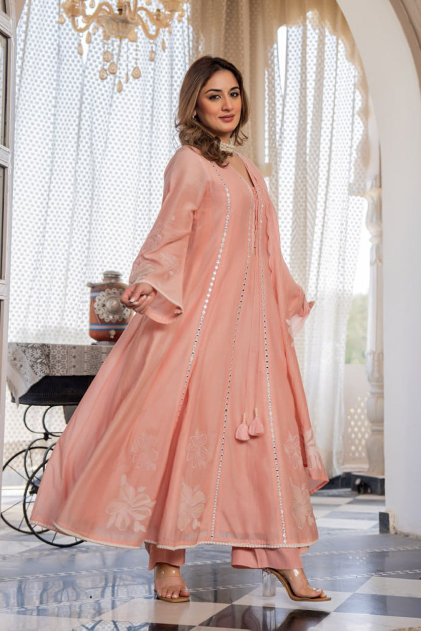 Peach Embroidered A-Line Kurta Set with Dupatta