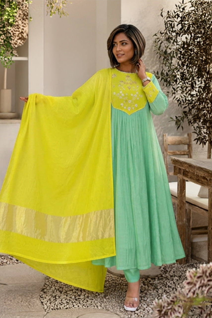 Lime Green & Mint Embroidered Anarkali Kurta Set with Dupatta