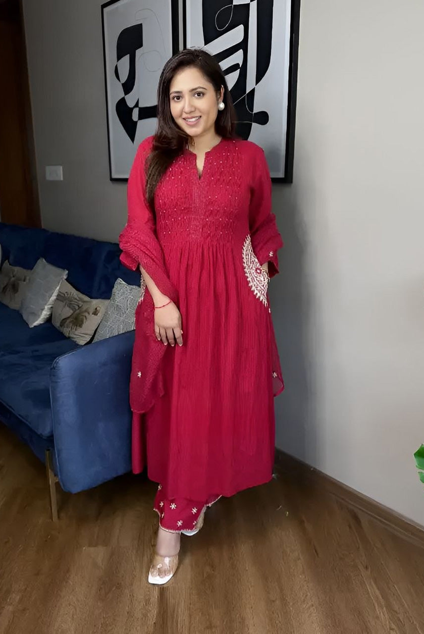 Rani Pink Embroidered Anarkali Kurta Set with Dupatta