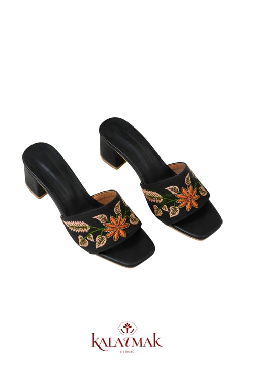 Black Orange Floral Embroidered Block Heel Sandals