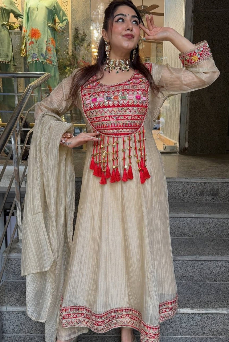 Ivory Embroidered Salsa Crush Silk Anarkali Pant Dupatta Set