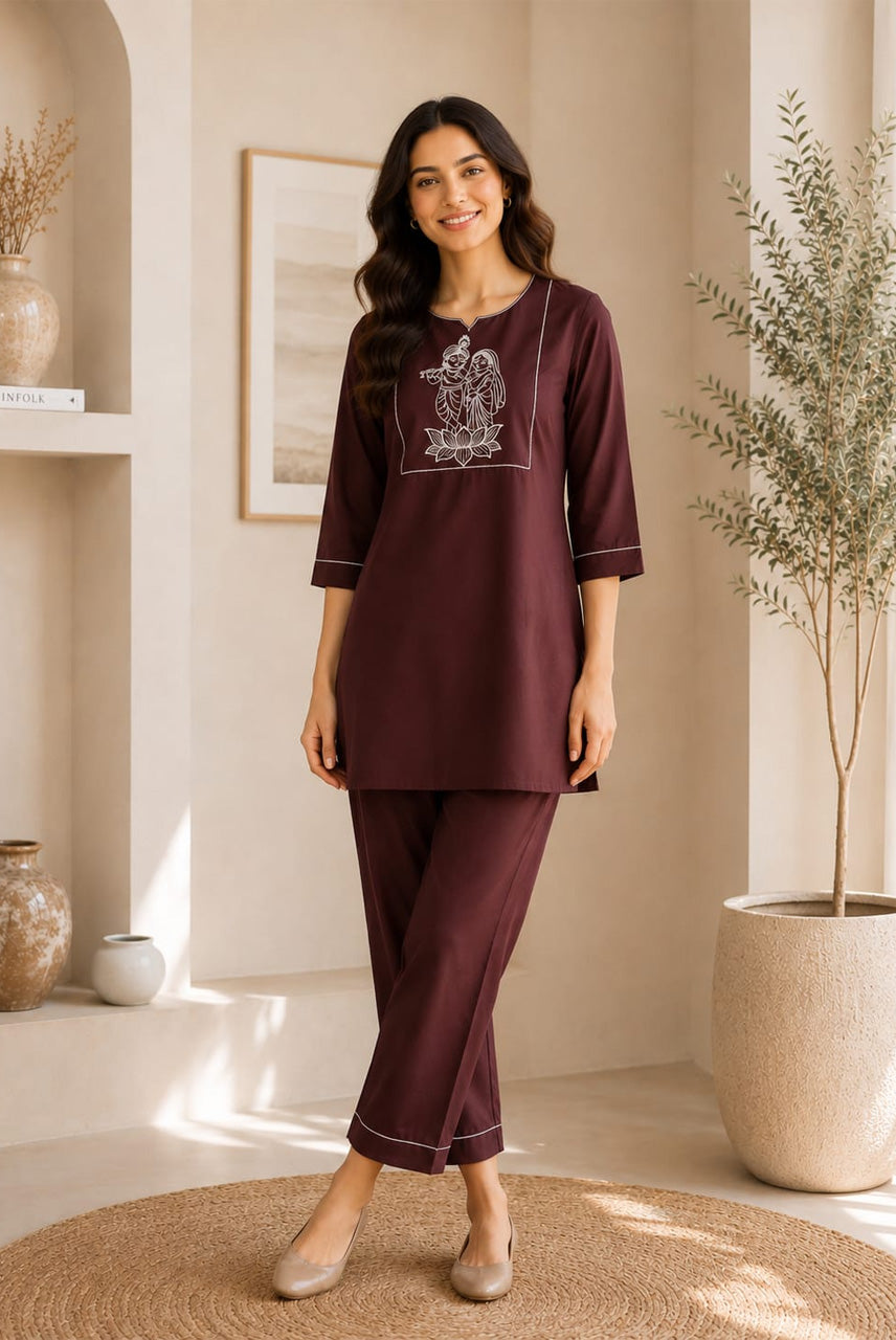Coffee Brown Embroidered Co-Ord Set for Women