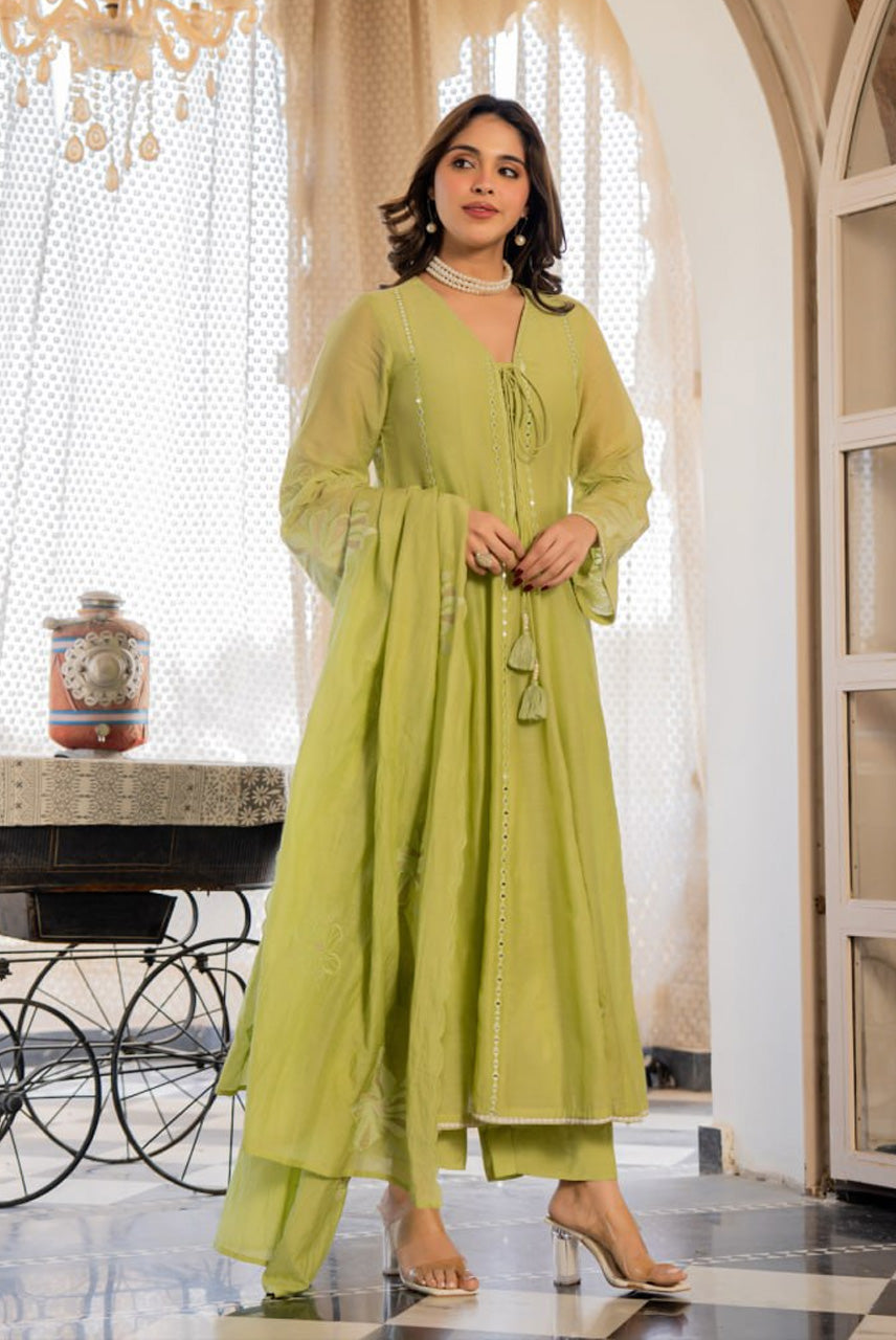 Lime Green Embroidered Kurta Set with Dupatta