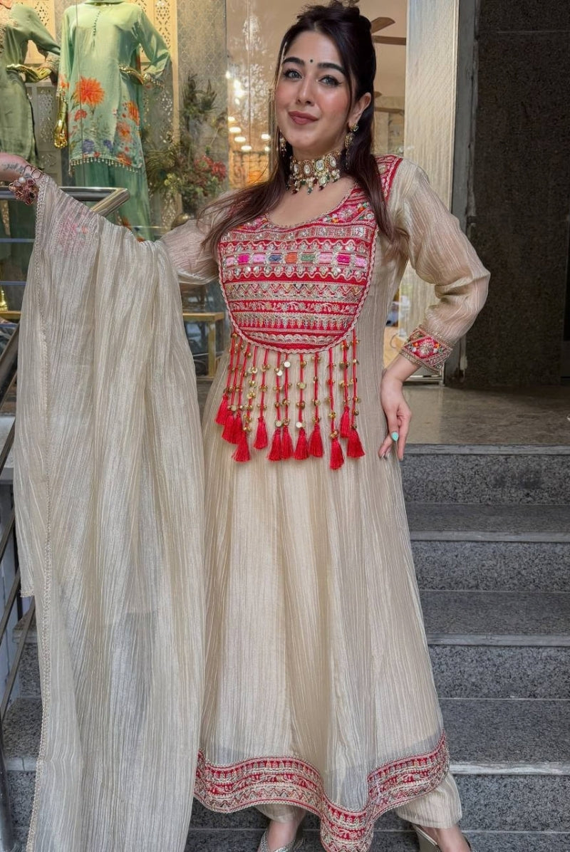Ivory Embroidered Salsa Crush Silk Anarkali Pant Dupatta Set