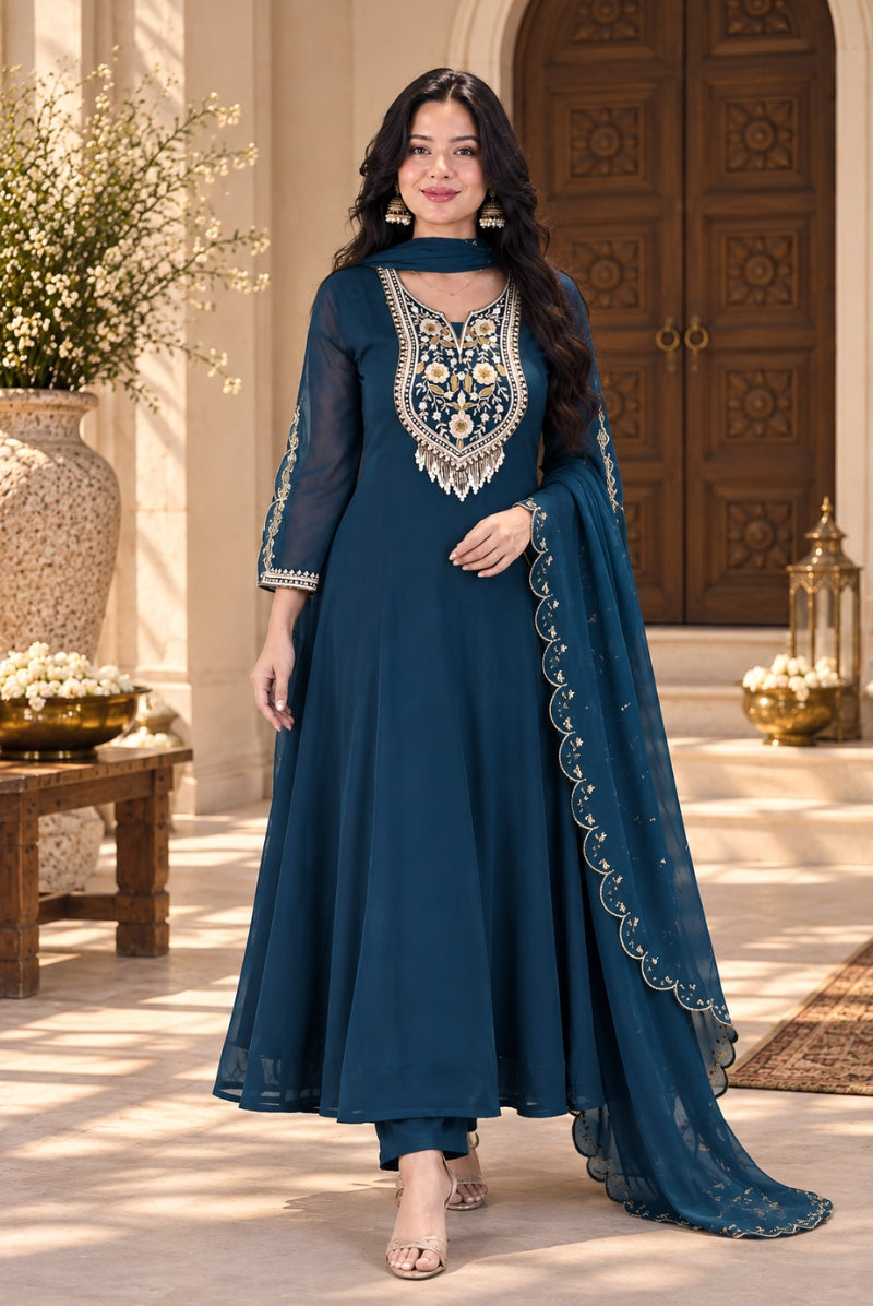Midnight Blue Embroidered Faux Georgette Anarkali Suit Set with Dupatta