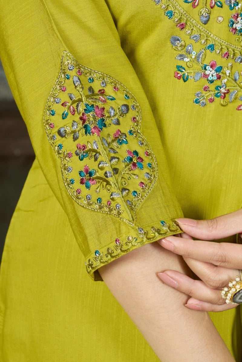 Lime Green Marina Silk Embroidered Suit Set with Dupatta