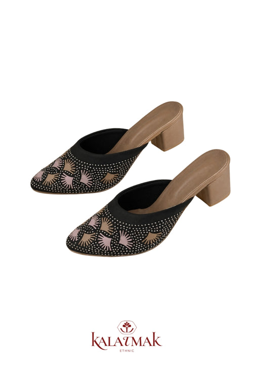 Black Floral Embellished Block Heel Mule