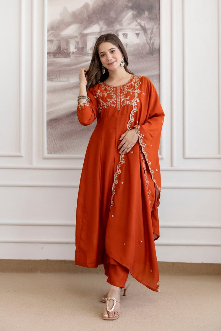 Rust Orange Embroidered A-Line Kurta Set with Dupatta