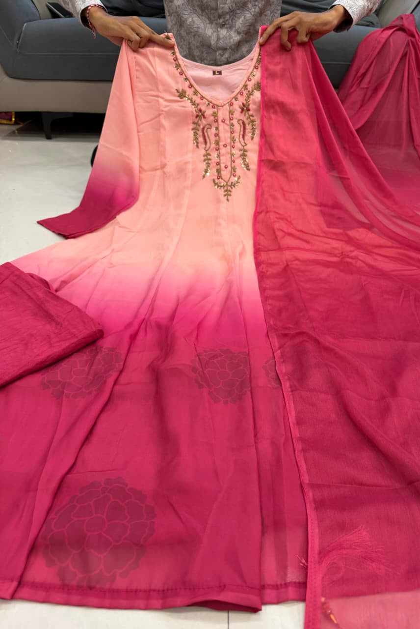 Ombre Pink Embroidered Anarkali Kurta Set with Dupatta