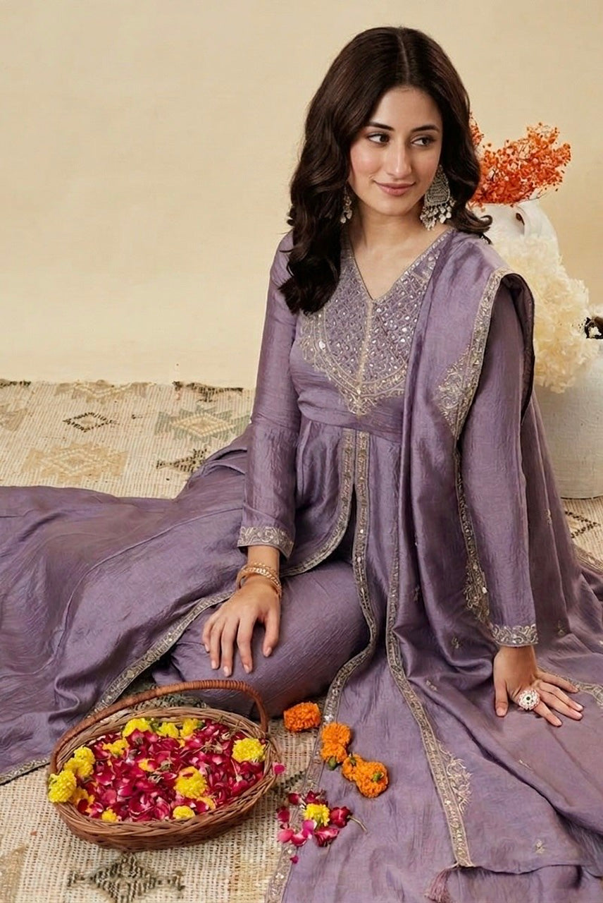 Lavender Embroidered A-Line Kurta Palazzo Set with Dupatta