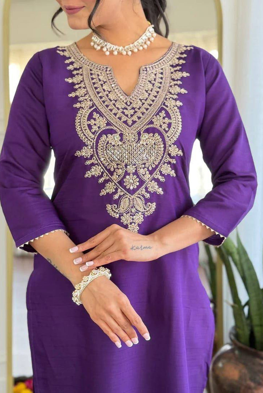 Royal Purple Embroidered Kurta Pant Set with Floral Printed Dupatta