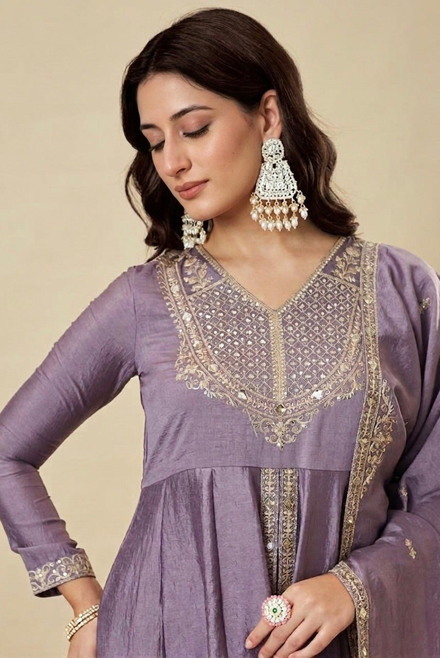 Lavender Embroidered A-Line Kurta Palazzo Set with Dupatta