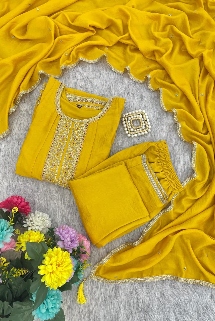 Mustard Yellow Embroidered Kurta Set with Dupatta