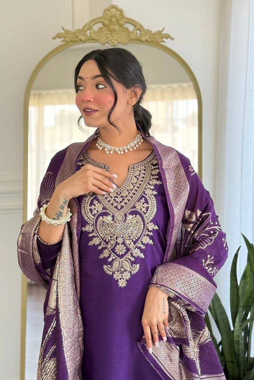 Royal Purple Embroidered Kurta Pant Set with Floral Printed Dupatta