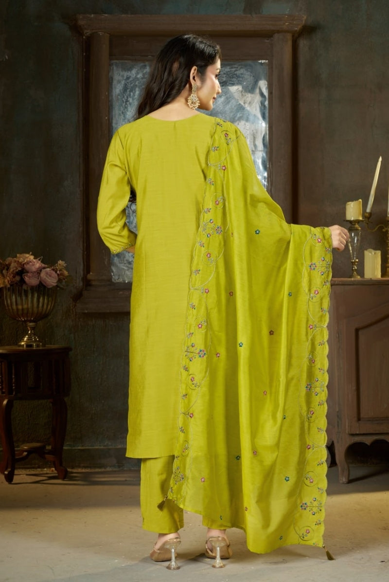 Lime Green Marina Silk Embroidered Suit Set with Dupatta