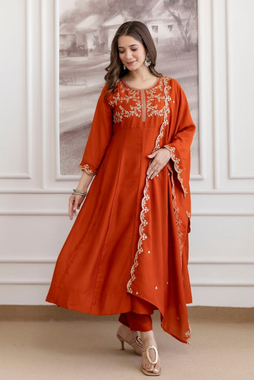 Rust Orange Embroidered A-Line Kurta Set with Dupatta