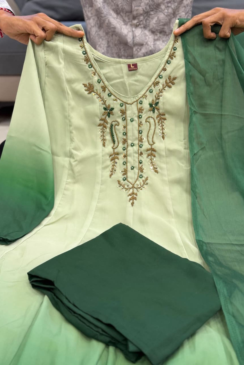 Sage Green Ombre Embroidered Anarkali Kurta Set with Dupatta