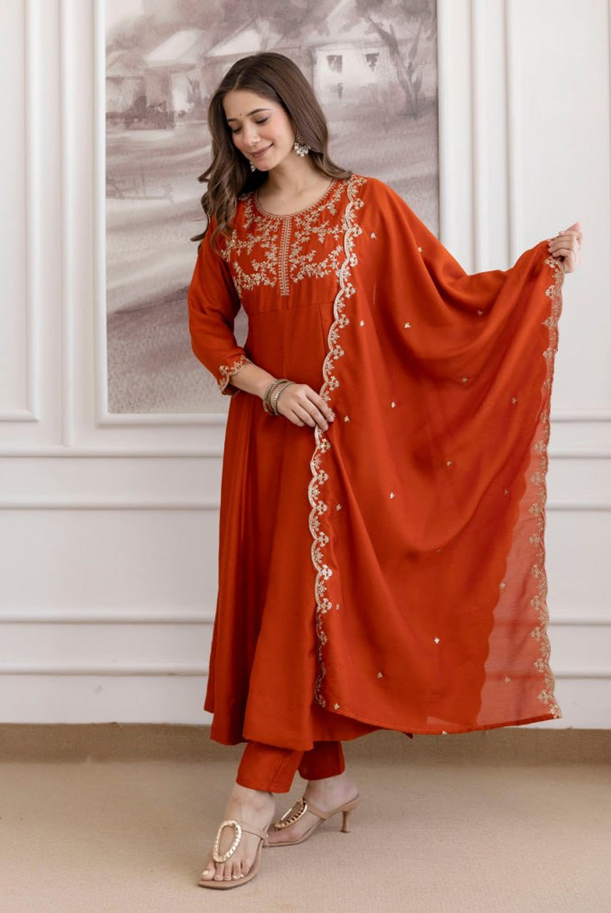 Rust Orange Embroidered A-Line Kurta Set with Dupatta