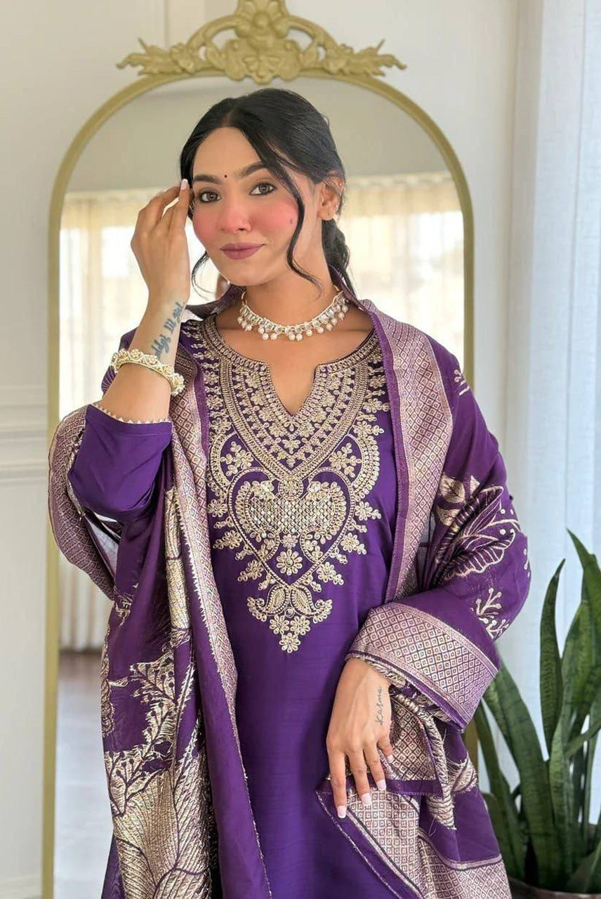 Royal Purple Embroidered Kurta Pant Set with Floral Printed Dupatta