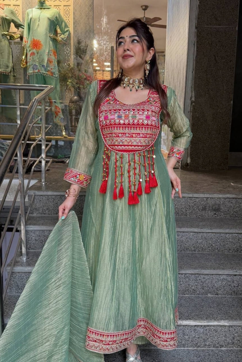 Sage Green Embroidered Salsa Crush Silk Anarkali Pant Dupatta Set